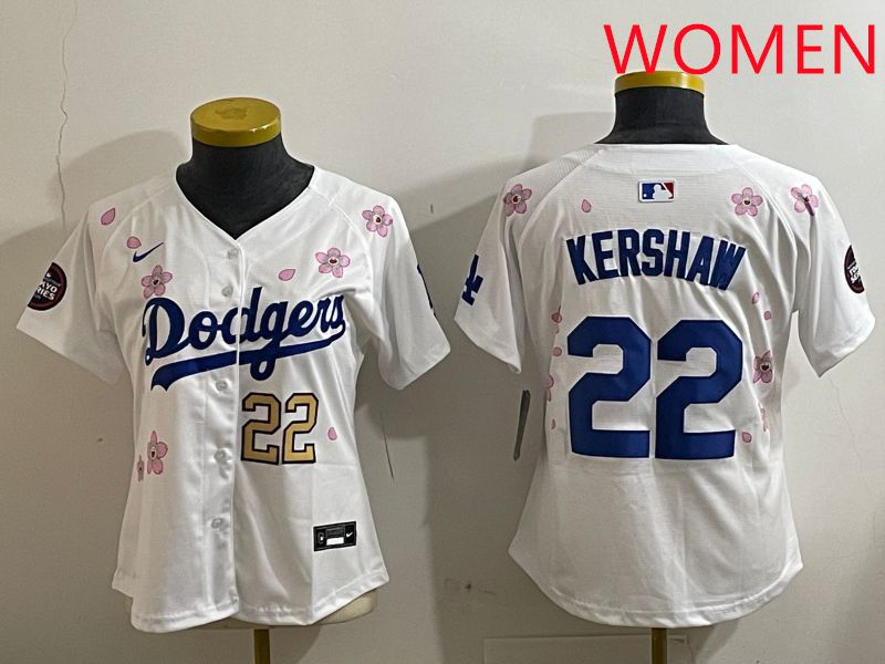 Women Los Angeles Dodgers #22 Kershaw White Sakura Edition 2025 Nike MLB Jersey style 4